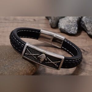 Stainless Steel and Braided Leather Pirate Sword Bracelet 8 inches Men Women